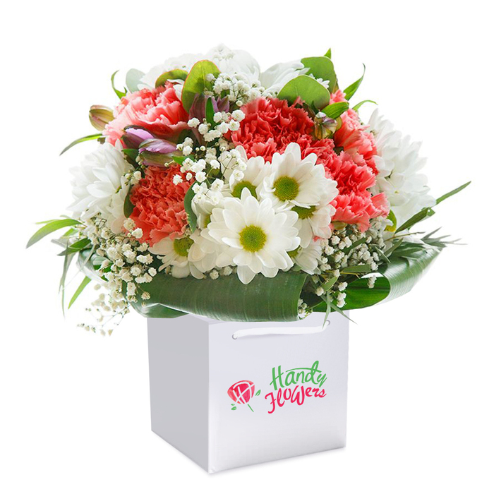 Standing tall inside its snowy white gift bag, this resplendent bouquet mirrors the artistry and care of Poplar's local florists. At the heart, lush carnations in delicate shades of coral, peach, and striking red reveal layers of soft, ruffled petals, recalling the blush of sunrise over Bartlett Park. Bright white daisies with lime-green centres are interspersed thoughtfully, their crisp, optimistic faces evoking a sense of hope and renewal. Trails of baby's breath thread lightly through the display, creating movement and airy texture. The arrangement's depth is further enhanced by the subtle presence of purple-tinted buds that subtly announce the promise of coming blooms. Encasing the vibrant selection, deep green leaves-broad and glossy-fan out to form a supportive natural collar. The gift bag itself features sturdy ribbon handles, the very picture of convenient elegance, echoing the approachable charm of Poplar's community. Captured against an immaculate white backdrop, every floral nuance stands out-making this bouquet an inspired choice for all occasions, from birthdays and anniversaries to spontaneous gestures of affection delivered locally in Poplar.