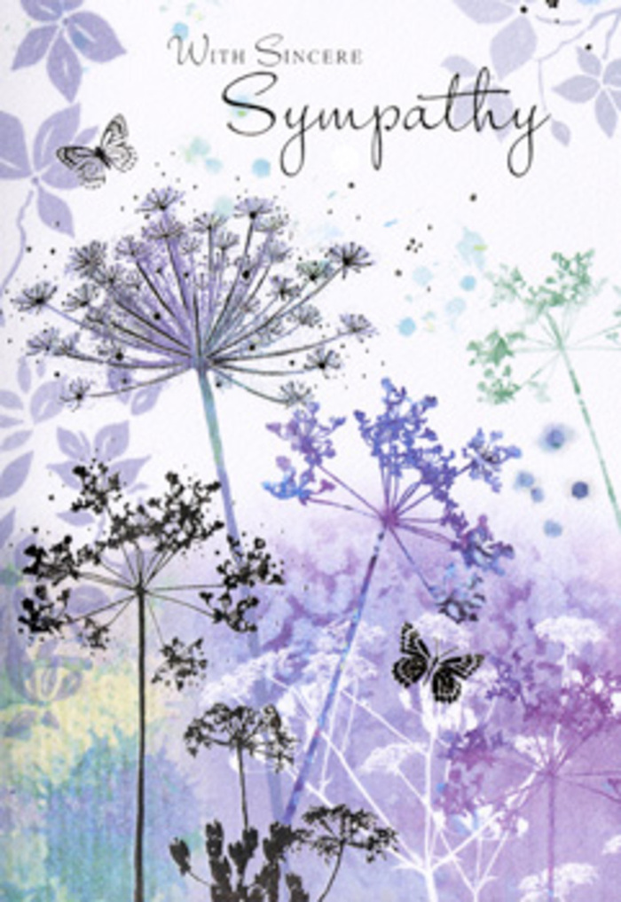 There is a serene, almost whispered elegance in this sympathy card's design, reminiscent of watching the sky soften over Poplar just after the rain has eased. Tall, fine-lined stems emerge from the lower edge, each one bearing an umbrella-shaped cluster of tiny blossoms that fan outward with a feather-light touch. These umbelliferous flowers are portrayed in gentle strokes of lavender, cool blue, and soft pewter, their forms partly transparent as if they are dissolving into the air around them. The background is a smooth watercolour gradient, moving gracefully from muted purple at the top to a subdued sage-green near the base, like distant foliage seen through a light mist. Subtle variations in tone give the illustration depth, while the edges of the card remain softly blurred, leaving the impression of a scene glimpsed through slightly teary eyes. Floating among the blooms, butterflies appear as almost-ethereal shapes, their wings edged in faint lilac and dove grey, conveying a sense of fragile yet persistent life. They drift between the flower heads, not in dramatic flight, but in quiet, hovering pauses that mirror the slow rhythm of grief. The composition is balanced but never rigid; stems bend gently, as if acknowledging the weight of sorrow while still standing tall. This artwork complements the feeling of bringing a graceful condolence bouquet to a memorial or family home in Poplar: an offering that acknowledges pain while wrapping it in tenderness. It is a visual space where love, memory, and the hush of nature meet in compassionate stillness.