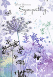 This sympathy card unfolds a hushed landscape of wildflowers and butterflies, painted in tones that feel perfectly suited to a reflective walk through Poplar at dusk. From a soft, sage-tinted base, delicate stems rise with an almost calligraphic fluidity, each stem supporting an airy cluster of umbelliferous blooms. These flower heads resemble tiny bursts of lace, their minute petals and buds rendered in washed-out violets, pale blues, and muted greys. The colouring is subtle and layered, creating a sense of depth without any sharp lines, as though you are peering through a veil of fine mist. Behind the flowers, the background shifts gently from cool lavender to silvery green, echoing the changing light over the nearby waterways and quiet residential streets. A pair of butterflies hover within this scene, their wings faintly tinted and semi-transparent, more suggestion than solid form. They seem to move slowly between the blossoms, bringing a tender touch of hope and transformation to the otherwise still composition. The whole image is suffused with calm, offering a visual pause-a place where one can breathe and remember. Like a carefully arranged sympathy bouquet delivered to a local chapel or home in Poplar, this design doesn't shout its message; instead, it offers a soft-spoken expression of support. It acknowledges the ache of loss while surrounding it with the gentle reassurance of nature's enduring cycle, making the card a quietly meaningful gesture for someone in mourning.